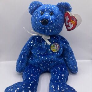 TY Beanie Baby DECADE Royal Blue "10 yrs" Anniversary Sparkly Teddy Bear 2003